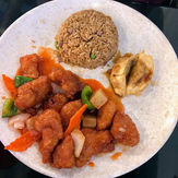 盘子里的炸鸡块,炒饭和饺子,美味的中国菜肴,准备开吃。
