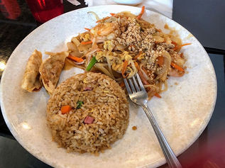 盘子里的炒饭、面条和饺子,配有叉子,美味可口。